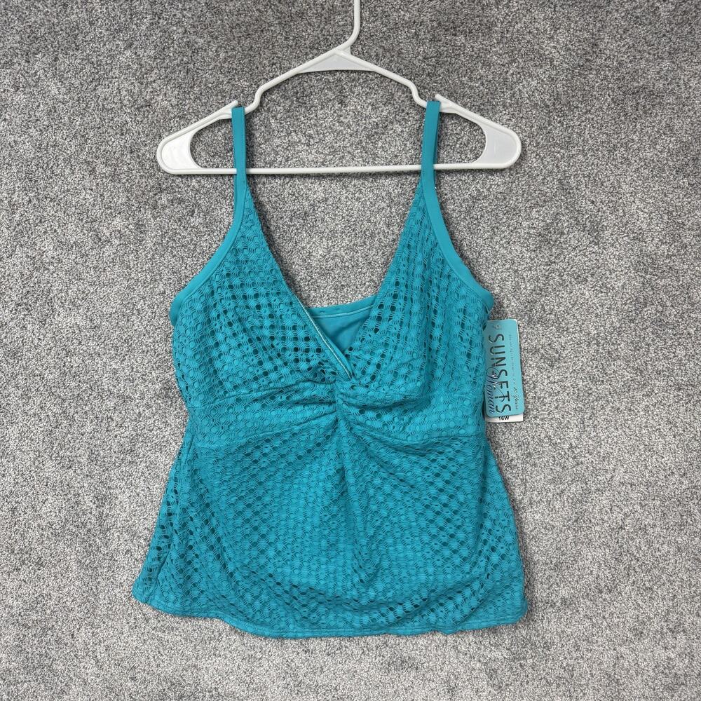 Sunsets Twist Tankini Swim Top 16W Plus Teal Nautical Net Tropical Coastal Boho